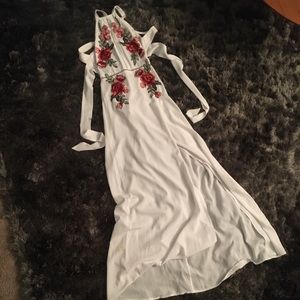 Mahina rose embroidered white faux wrap maxi dress